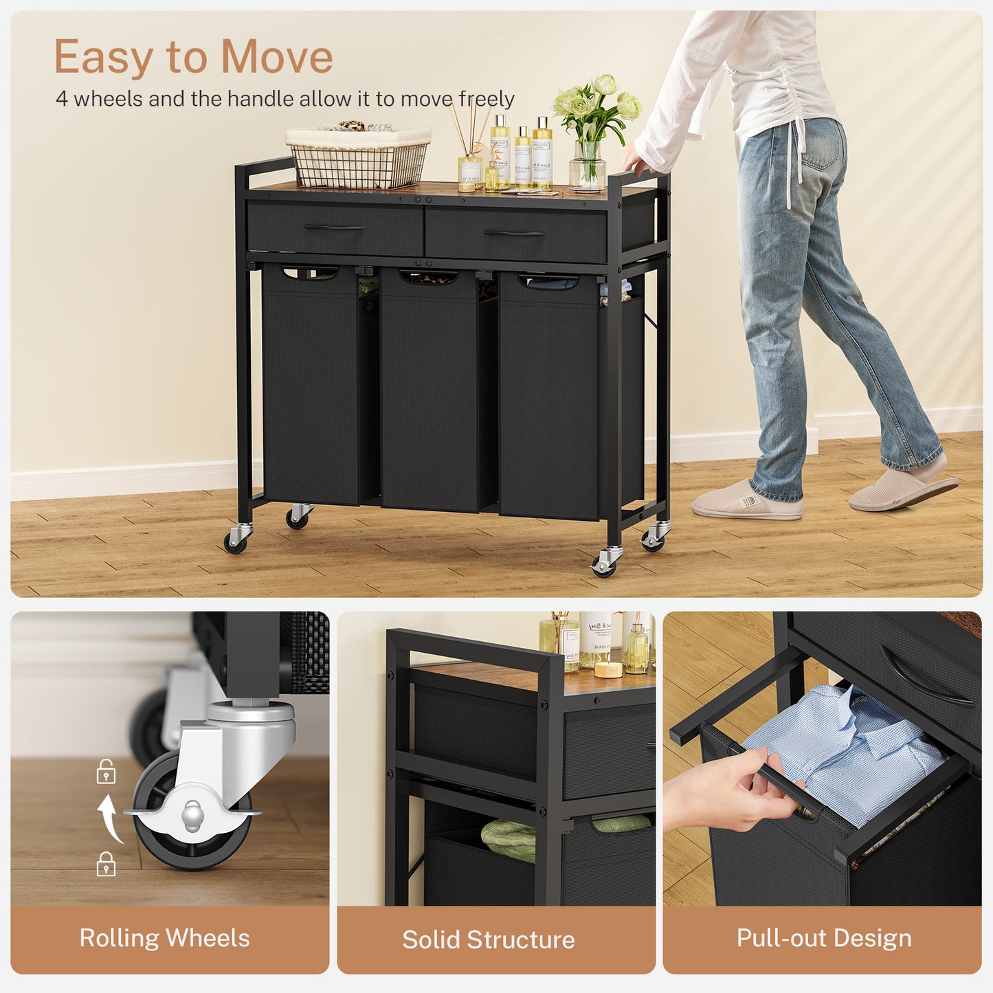 TEENFON Laundry Sorter 3 Section, 120 L Laundry Hamper with 2 Drawers & 2-tone Top Panel, Rolling Laundry Basket Organizer with Pull-Out Removable Oxford Fabric Bags for Laundry Room Organization