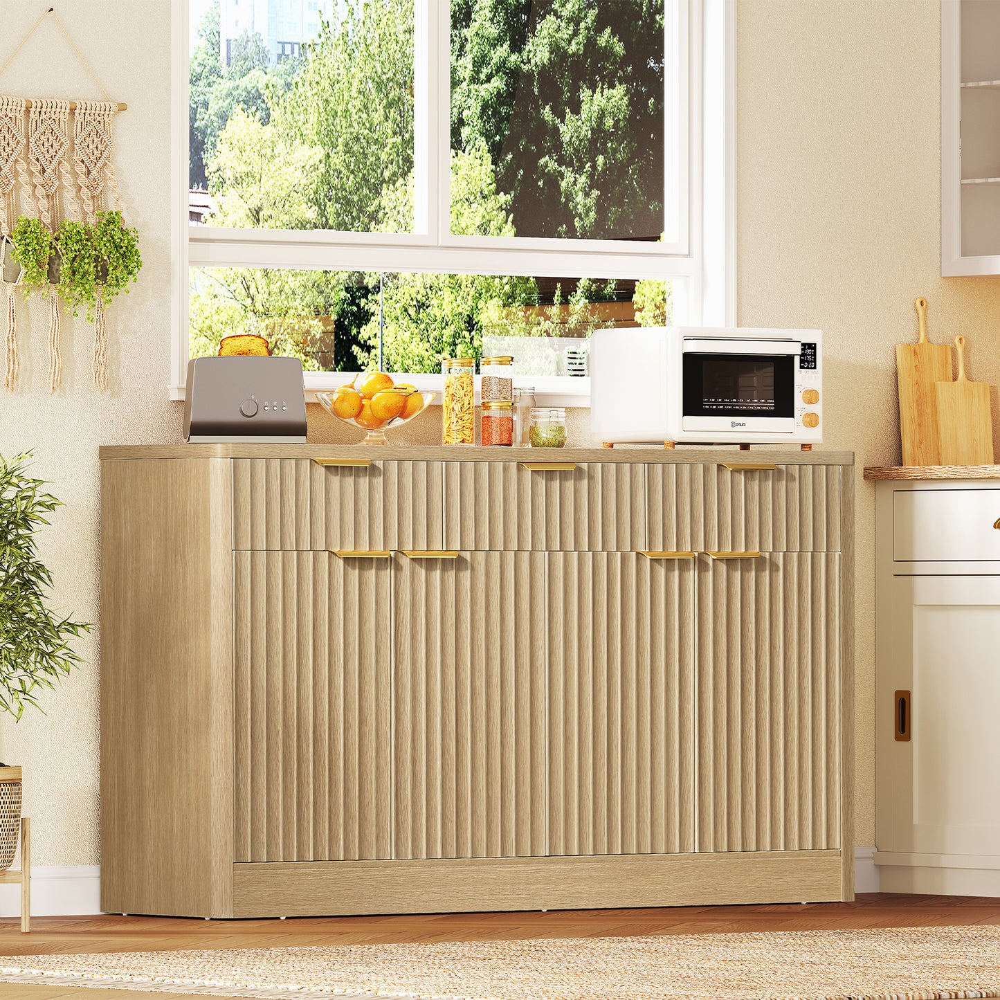 TEENEON Large Fluted Buffet Cabinet with 3 Drawers & 4 Doors, Sideboard Cabinet with 2 Adjustable Shelves, Coffee Bar Storage Cabinet for Kitchen, Living Room, Natural