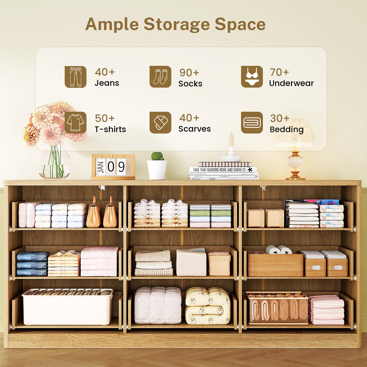 TEENFON Fluted Dresser for Bedroom with 9 Drawers, 63" Wide Modern Chest of Drawers with Metal Handle & Curved Profile Design, Wood Closet Clothes Storage Organizer for Living Room, Hallway, Natural