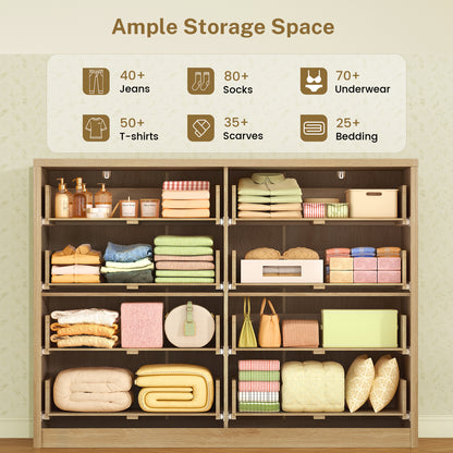 TEENOFN Fluted Dresser for Bedroom with 8 Drawers, 47.2" Wide Modern Chest of Drawers with Metal Handle, Dresser TV Stand, Wood Closet Clothes Storage Organizer for Living Room, Hallway, Natural