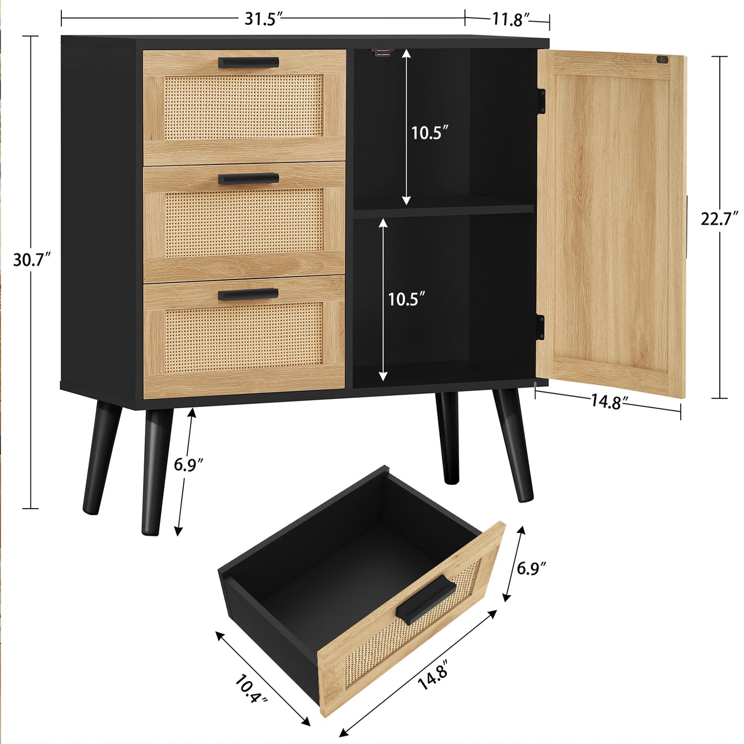 TEENFON Storage Cabinet with Adjustable Shelf & 3 Drawers, Rattan Cabinet with Doors, Freestanding Floor Accent Storage Unit for Living Room, Home Office, Natural + Black