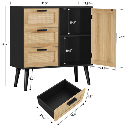TEENFON Storage Cabinet with Adjustable Shelf & 3 Drawers, Rattan Cabinet with Doors, Freestanding Floor Accent Storage Unit for Living Room, Home Office, Natural + Black