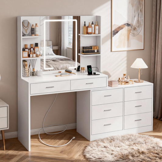 TEENFON Vanity Desk with LED Light Mirror & Power Outlet, 8 Drawers, 6 Storage Shelves, 3 Color Modes & Adjustable Brightness Makeup Vanity, Corner Vanity, L Shape Vanity, 39.4”-64.9" Desk, White