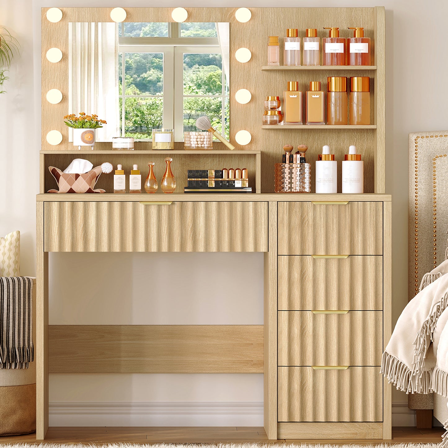 Fluted Vanity Desk with Mirror and Adjustable LED Lights, Makeup Vanity with 5 Drawers & Storage Shelves, 3 Color Modes & Adjustable Brightness, Vanity for Girls, Natural Oak