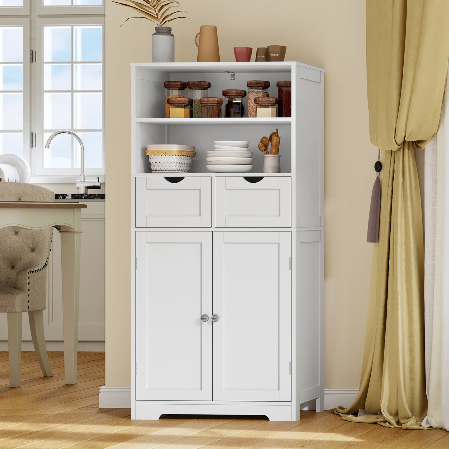 TEENFON Tall Bathroom Cabinet, Storage Cabinet with 2 Drawers & Adjustable Shelves, Bathroom Storage Cabinet for Living Room, Dining Room, Entryway, White