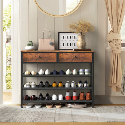 usikey Shoe Rack, 5 Tier Shoe Storage Organizer with 2 Drawers, Metal Shoe Shelf for 16-20 Pairs of Shoes, with 4 Oxford Fabric Shelves and Wooden Top, Shoe Stand for Closet Entryway, Rustic Brown