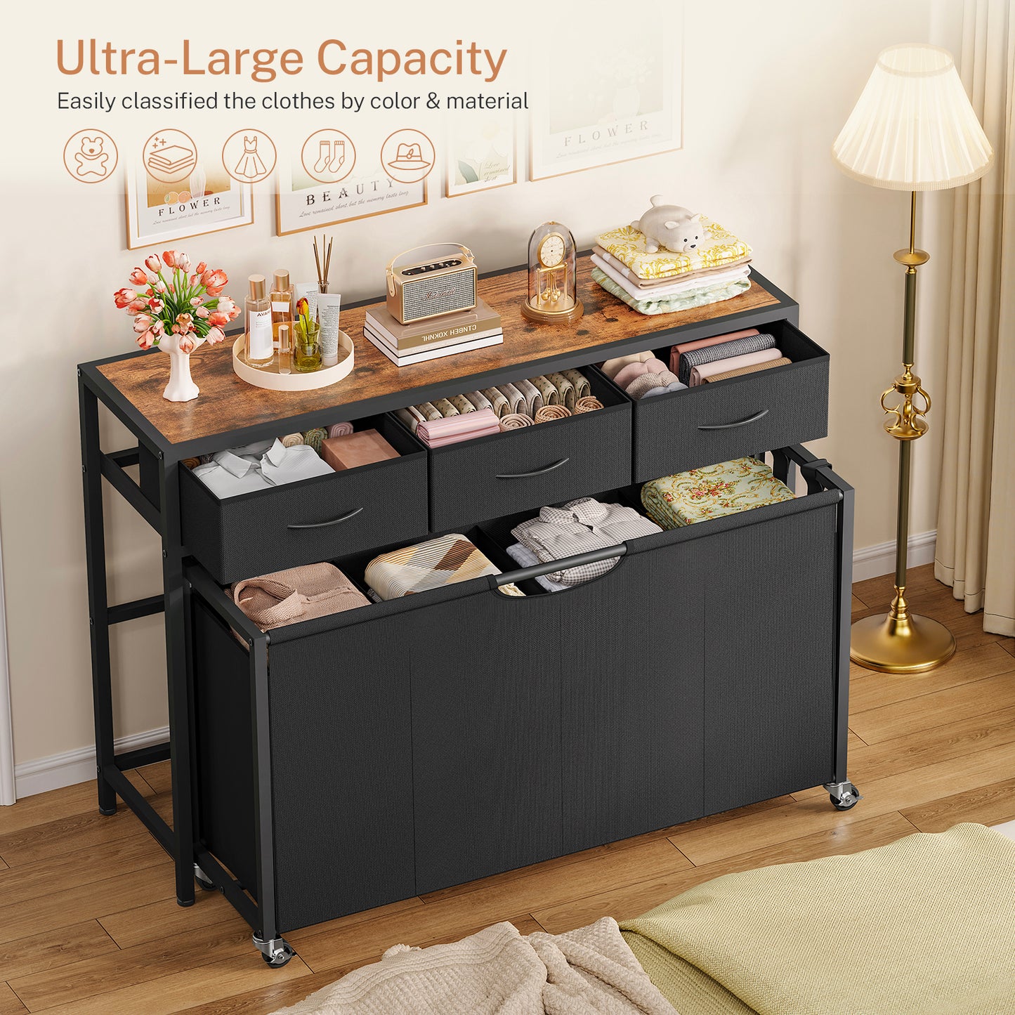 TEENFON Laundry Sorter, Rolling Laundry Hamper with 4 Section Pull-Out Bags, 300L Large Laundry Basket Organizer with 3 Drawers, Laundry Hamper with Wheels for Laundry Room Organization, Bathroom, Bedroom