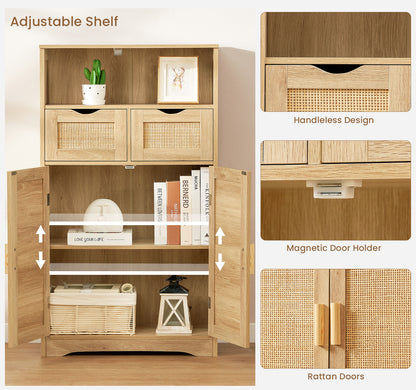 TEENFON Storage Cabinet with 2 Drawers & Adjustable Shelves, Rattan Cabinet, Kitchen Pantry Cabinets, Cupboard for Living Room, Kitchen, Home Office, Natural