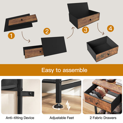 TEENFON Shoe Rack, 4 Tier Shoe Storage Organizer with 2 Drawers, Metal Shoe Shelf for 9-12 Pairs of Shoes, with 3 Oxford Fabric Shelves and Wooden Top, Shoe Stand for Entryway, Rustic Brown