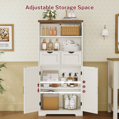 TEENFON Storage Cabinet with Doors & 2 Drawers, Kitchen Cabinet with Adjustable Shelf, Pantry Cabinets, Bathroom Cabinets, for Living Room, Entryway, Home Office, White
