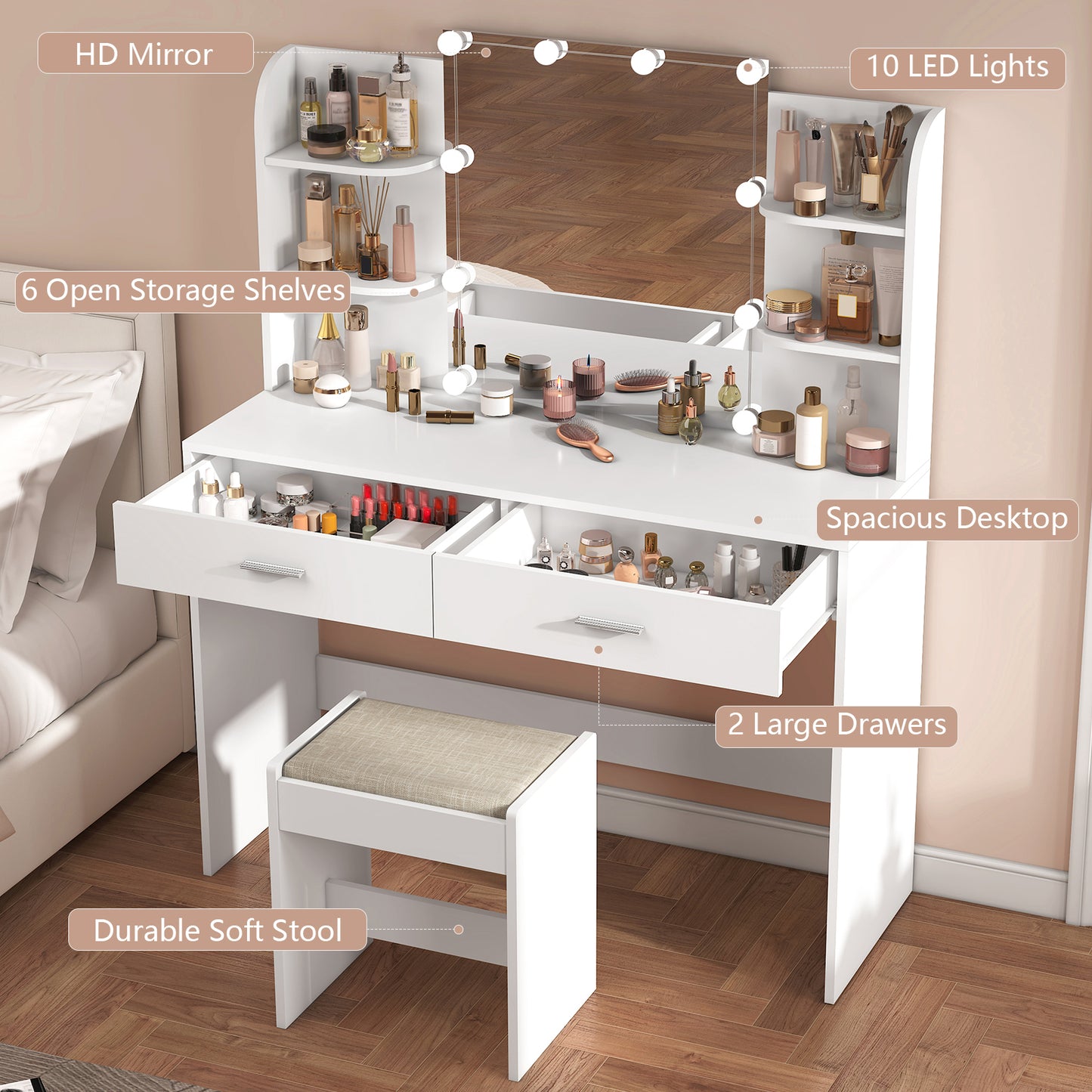 TEENFON Vanity Desk with Mirror and Lights, Makeup Vanity Set with 2 Drawers and Open Shelves, Makeup Vanity Desk Dressing Table with Cushioned Stool and 10 LED Lights, White