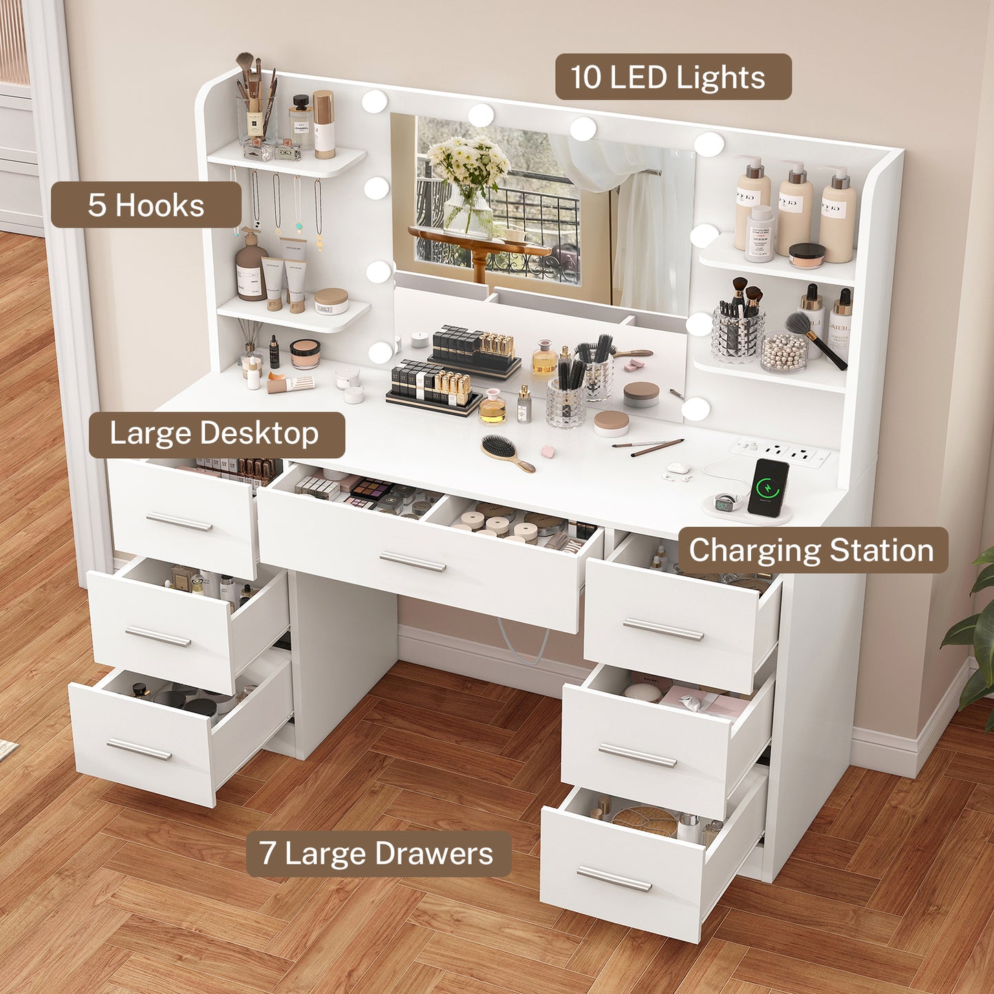 TEENFON Large Vanity Desk with LED Lighted Mirror & Power Outlet,Makeup Vanity Table with 7 Drawers,4 Shelves and 5 Hooks,Vanity Table, Vanity Desk Set for Bedroom,Bathroom,Black