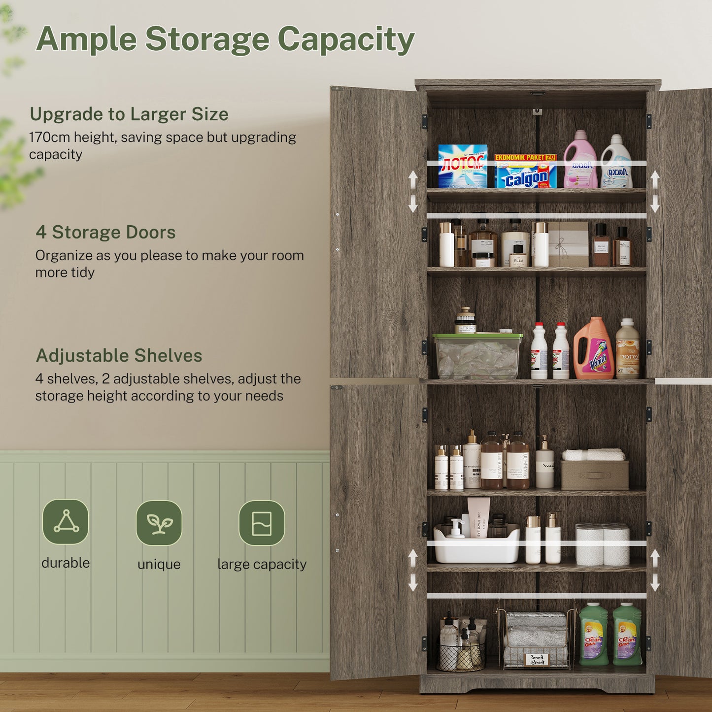 TEENFON 67" Kitchen Pantry Cabinet with 4 Doors, Farmhouse Pantry Cabinet with Adjustable Shelves, Storage Cabinet for Kitchen, Bathroom, Living Room, White