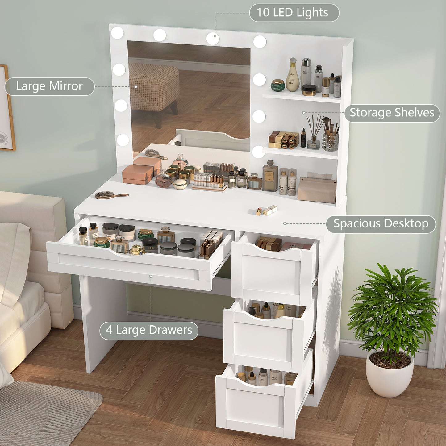 TEENFON Vanity Desk with Mirror and 10 LED Lights, Makeup Vanity Table Set with 4 Drawers, Make Desk Dressing Table with 2 Storage Shelves, Vanity Set 3 Lighting Modes for Bedroom, Girls Vanity,White