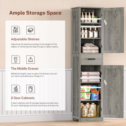 Tall Bathroom Cabinet, Storage Cabinet with 6 Shelves & Drawer, Bathroom Storage Cabinet with Adjustable Shelves, Tall Cabinet for Living Room, Home Office, Grey