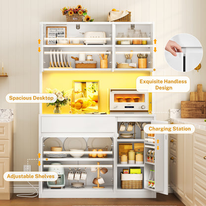 39.4"W Pantry Cabinet with Charging Station, Kitchen Pantry Cabinet, Kitchen Hutch Storage Cabinet with Microwave Stand & LED Light, Coffee Bar with Door Shelves for Dining Room, 6 Doors, White