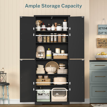 TEENFON 67" Kitchen Pantry Cabinet with 4 Doors, Farmhouse Pantry Cabinet with Adjustable Shelves, Storage Cabinet for Kitchen, Bathroom, Living Room, Black