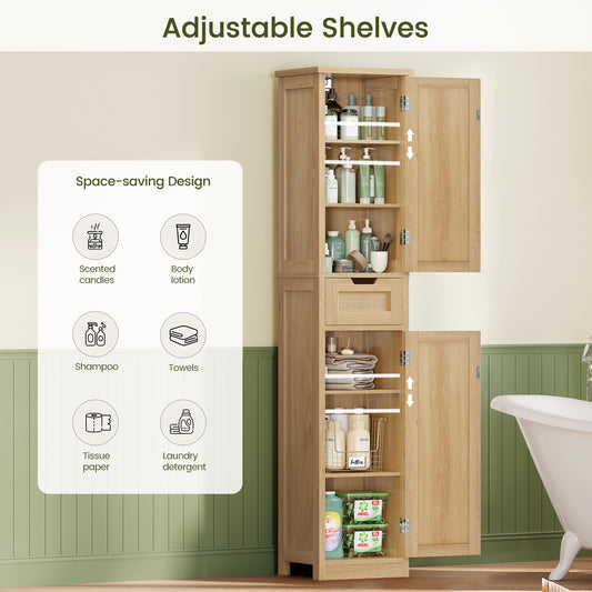 Iwell Tall Bathroom Cabinet, Slim Narrow Storage Cabinet with Adjustable Shelves, Rattan Cabinets with 1 Drawer, for Bathroom, Living Room, Entryway, Kitchen, Nature