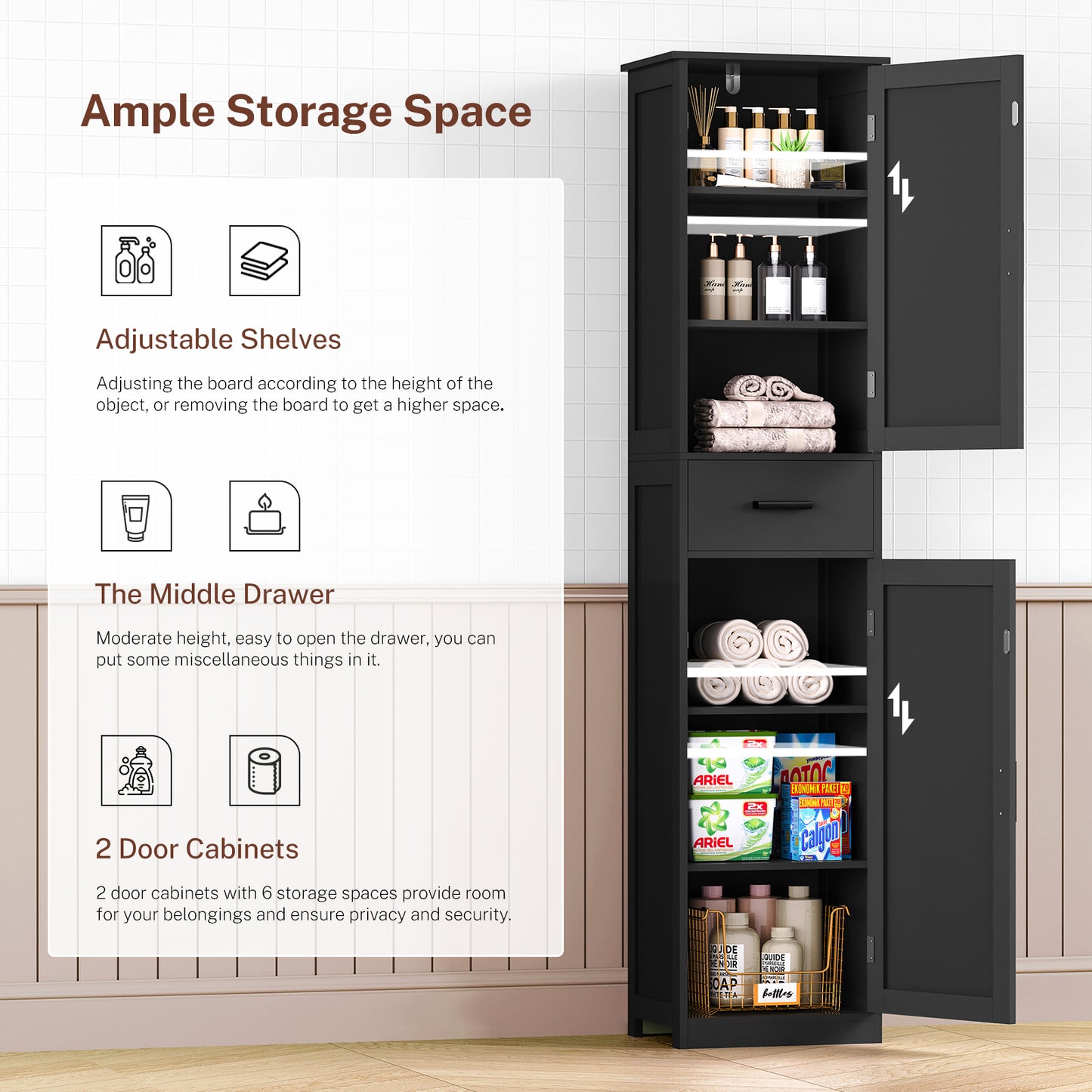 TEENFON Tall Bathroom Cabinet, Storage Cabinet with 6 Shelves & Drawer, Bathroom Storage Cabinet with Adjustable Shelves, Tall Cabinet for Living Room, Home Office, Black