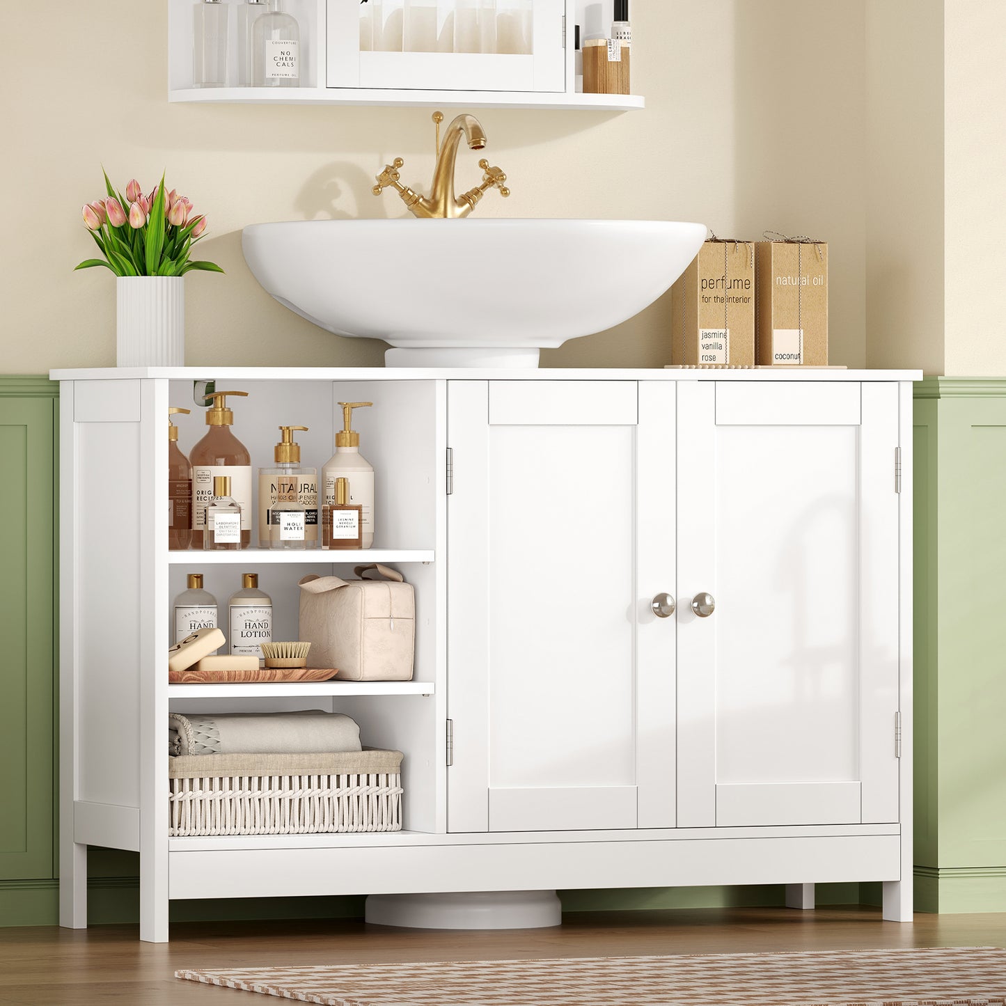 TEENFON 35.4" Pedestal Sink Storage Cabinet with 2 Doors and Adjustable Shelves, Bathroom Sink Cabinet, Under Sink Storage with U-Shape Cut-Out, White