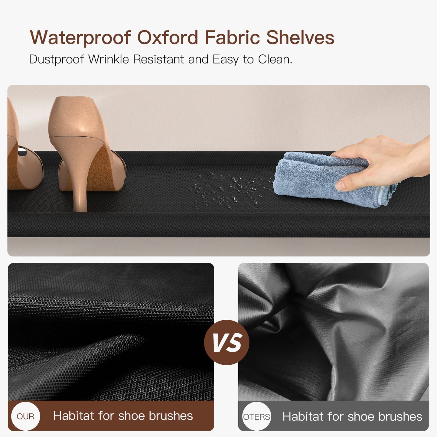 TEENFON Shoe Rack, 4 Tier Shoe Storage Organizer with 2 Drawers, Metal Shoe Shelf for 12-15 Pairs of Shoes, with 3 Oxford Fabric Shelves and Wooden Top, Shoe Stand for Entryway, Rustic Brown