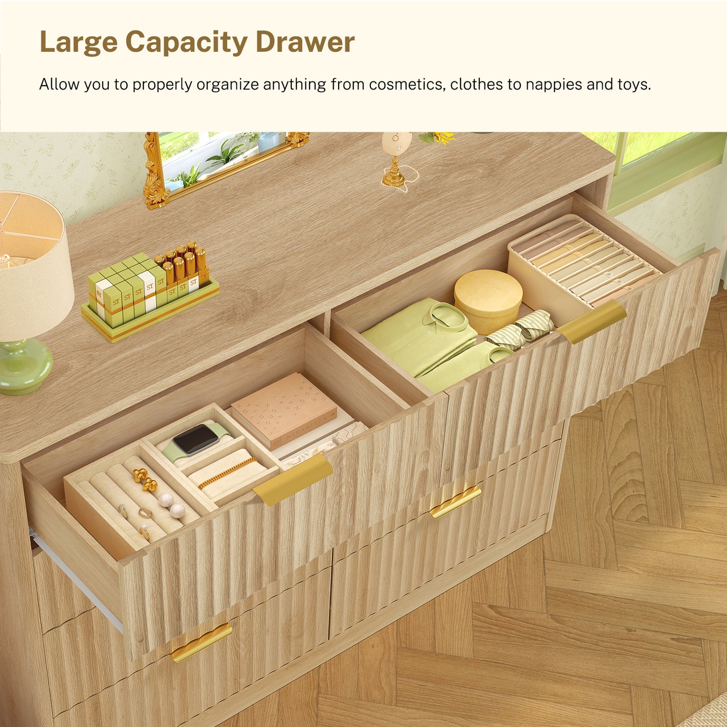 TEENOFN Fluted Dresser for Bedroom with 8 Drawers, 47.2" Wide Modern Chest of Drawers with Metal Handle, Dresser TV Stand, Wood Closet Clothes Storage Organizer for Living Room, Hallway, Natural