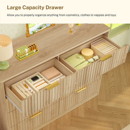 TEENOFN Fluted Dresser for Bedroom with 8 Drawers, 47.2" Wide Modern Chest of Drawers with Metal Handle, Dresser TV Stand, Wood Closet Clothes Storage Organizer for Living Room, Hallway, Natural