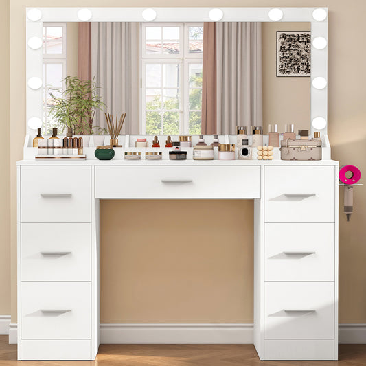 TEENFON Dressing Table with Large Mirror and 12 LED Lights, Vanity Desk with 7 Drawers & Hairdryer Holder, Vanity Table Makeup Desk for Women, Girls, 3 Lighting Color Adjustable, White