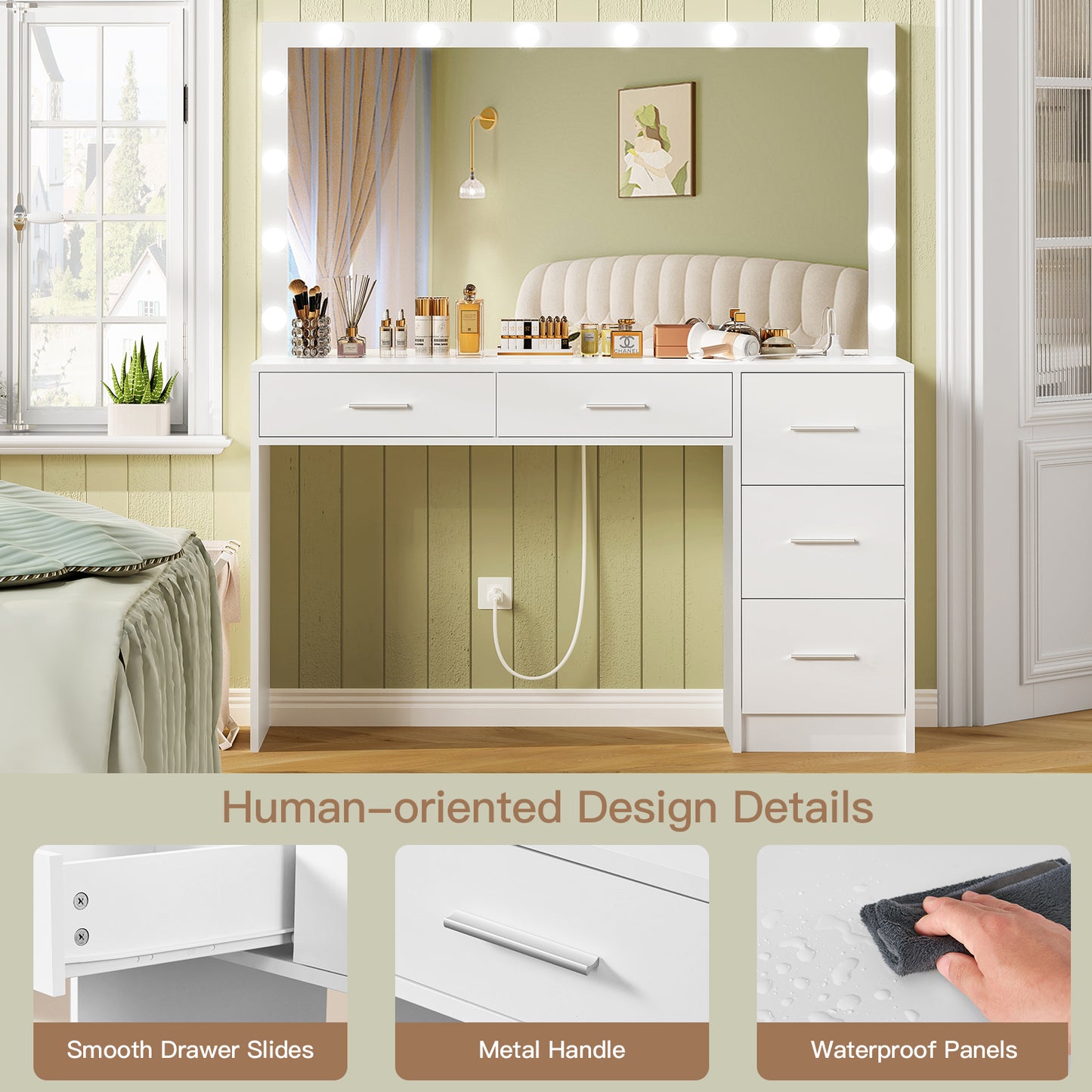 TEENFON 47.2" Large Vanity Desk with Mirror & 14 LED Lights, Makeup Vanity Table with 5 Drawers & Charging Station, Makeup Vanity Desk, 3 Lighting Colors, Dressing Vanity Table for Bedroom