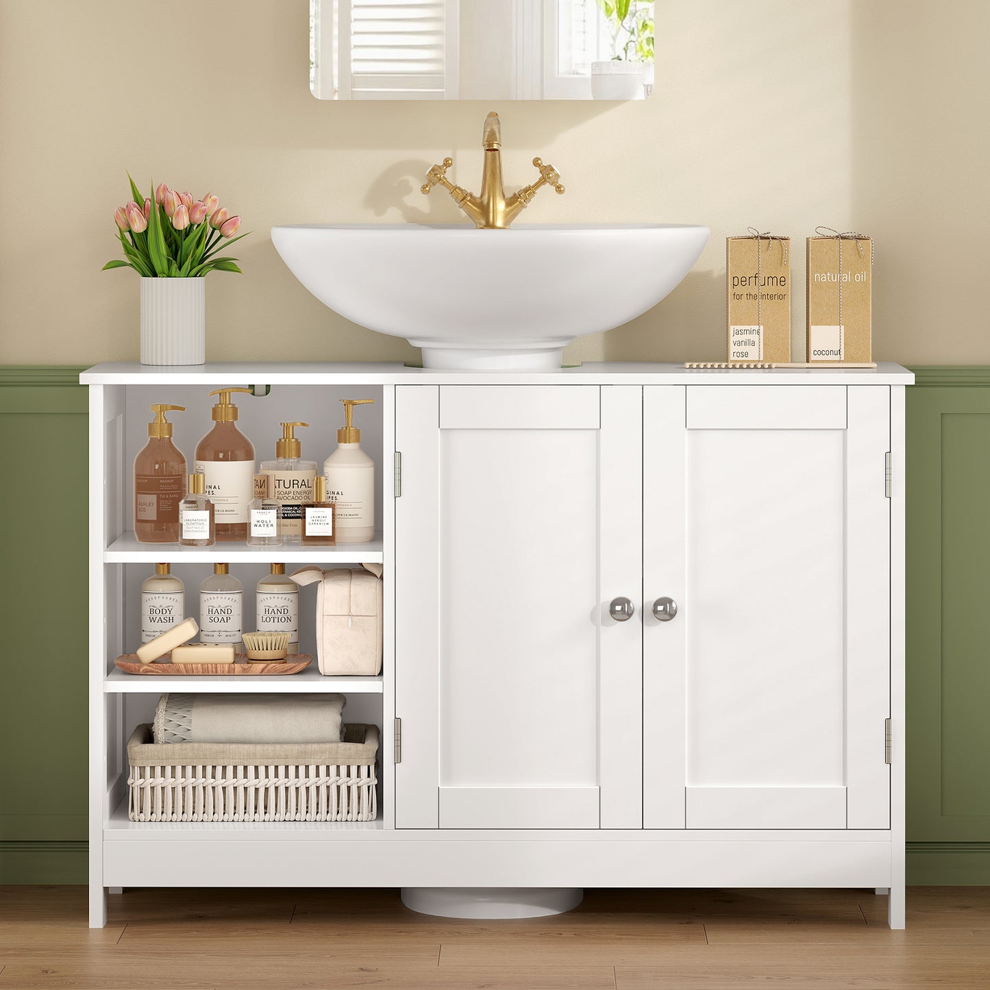 TEENFON 35.4" Pedestal Sink Storage Cabinet with 2 Doors and Adjustable Shelves, Bathroom Sink Cabinet, Under Sink Storage with U-Shape Cut-Out, White