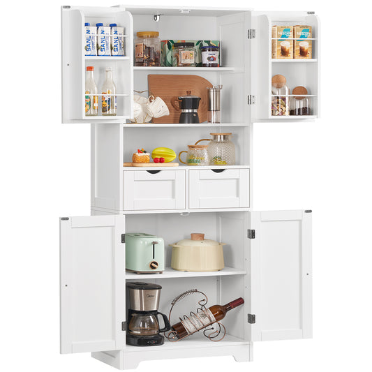 TEENFON Kitchen Pantry Cabinet with Adjustable Shelf, Tall Storage Cabinet with 2 Drawers & 4 Door Shelves, Food Pantry Cabinets, for Kitchen, Dining Room, Living Room, White