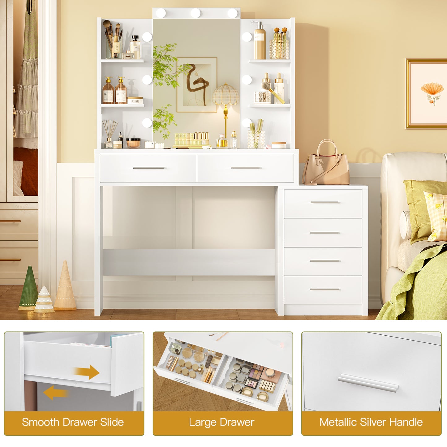 TEENFON Morden Vanity Desk with Mirror & 9 LED Lights Makeup Vanity 6 Drawers 6 Open Shelves White Vanity Table for Bedroom Women Girls