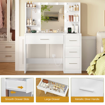 TEENFON Vanity Desk with Mirror and Lights, Makeup Vanity with Power Outlet and 4 Drawers & 6 Shelves & 5 Hooks, 3 Color Modes & Adjustable Brightness, White Vanity for Bedroom