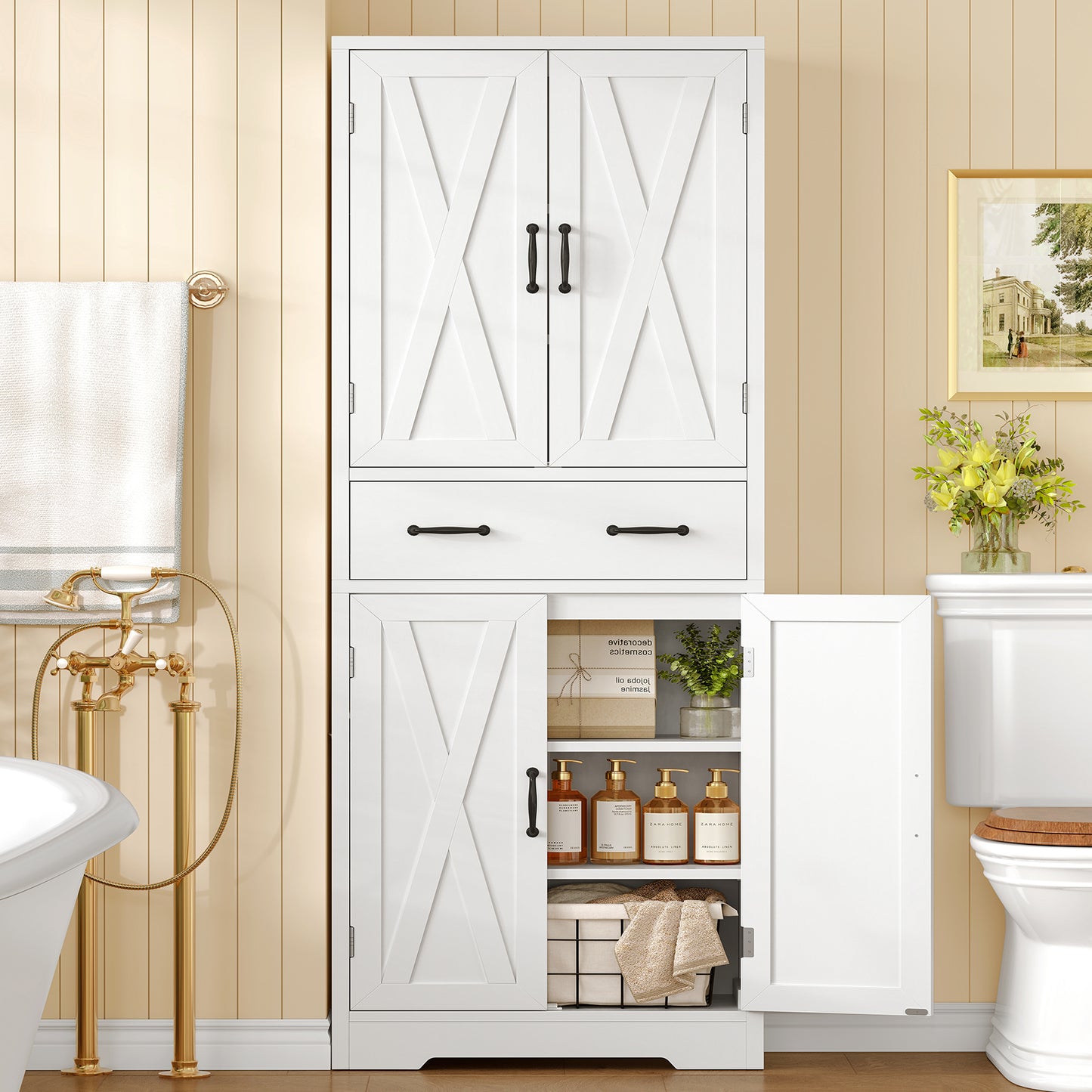 TEENFON Tall Storage Cabinet with 2 Adjustable Shelves & 1 Large Drawer, Kitchen Pantry Cabinet with 4 Doors, Bathroom Storage Cabinets, for Living Room, Kitchen, Bathroom, White