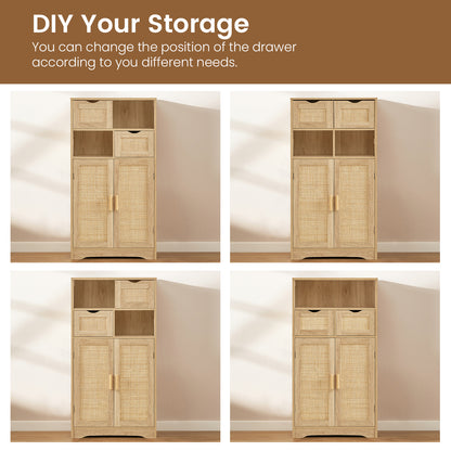 TEENFON Storage Cabinet with 2 Drawers & Adjustable Shelves, Rattan Cabinet, Kitchen Pantry Cabinets, Cupboard for Living Room, Kitchen, Home Office, Natural