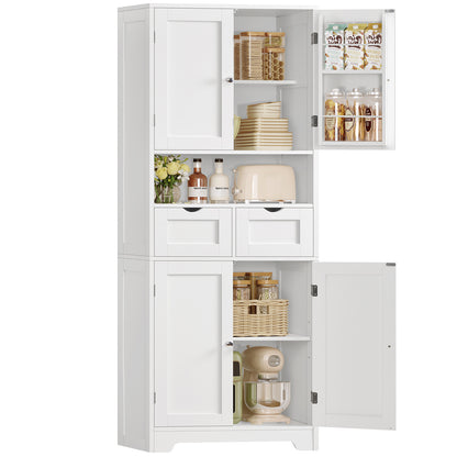 TEENFON Kitchen Pantry Cabinet with Adjustable Shelf, Tall Storage Cabinet with 2 Drawers & 4 Door Shelves, Food Pantry Cabinets, for Kitchen, Dining Room, Living Room, White