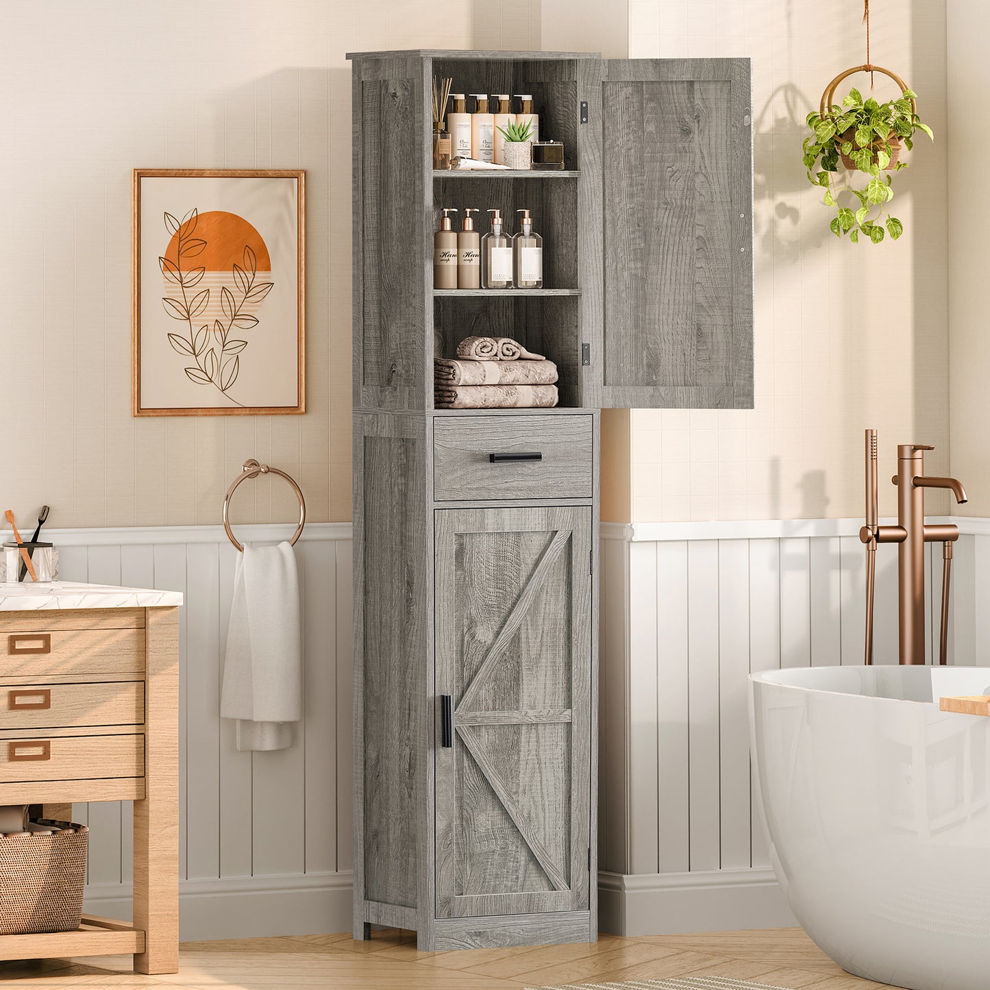 Tall Bathroom Cabinet, Storage Cabinet with 6 Shelves & Drawer, Bathroom Storage Cabinet with Adjustable Shelves, Tall Cabinet for Living Room, Home Office, Grey