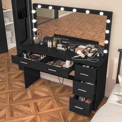TEENFON 47.2" Large Vanity Desk with Mirror & 14 LED Lights, Makeup Vanity Table with 5 Drawers & Charging Station, Makeup Vanity Desk, 3 Lighting Colors, Dressing Vanity Table for Bedroom