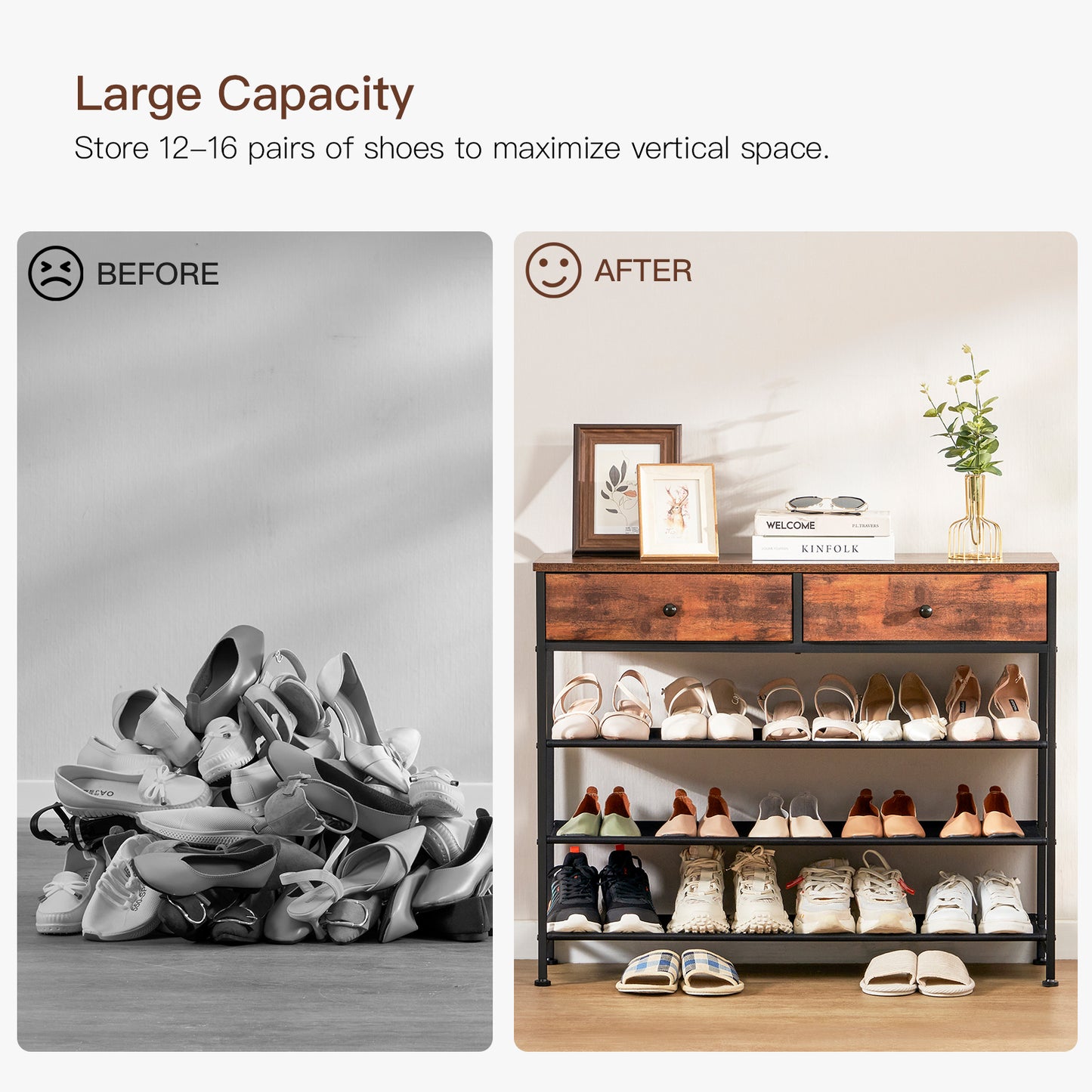 TEENFON Shoe Rack, 4 Tier Shoe Storage Organizer with 2 Drawers, Metal Shoe Shelf for 12-15 Pairs of Shoes, with 3 Oxford Fabric Shelves and Wooden Top, Shoe Stand for Entryway, Rustic Brown