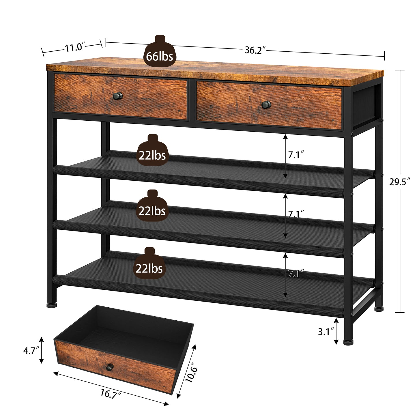 usikey Shoe Rack, 5 Tier Shoe Storage Organizer with 2 Drawers, Metal Shoe Shelf for 16-20 Pairs of Shoes, with 4 Oxford Fabric Shelves and Wooden Top, Shoe Stand for Closet Entryway, Rustic Brown