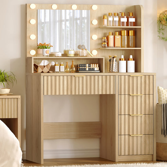 Fluted Vanity Desk with Mirror and Adjustable LED Lights, Makeup Vanity with 5 Drawers & Storage Shelves, 3 Color Modes & Adjustable Brightness, Vanity for Girls, Natural Oak