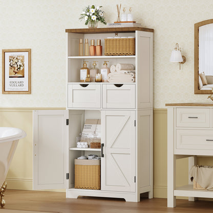 TEENFON Storage Cabinet with Doors & 2 Drawers, Kitchen Cabinet with Adjustable Shelf, Pantry Cabinets, Bathroom Cabinets, for Living Room, Entryway, Home Office, White