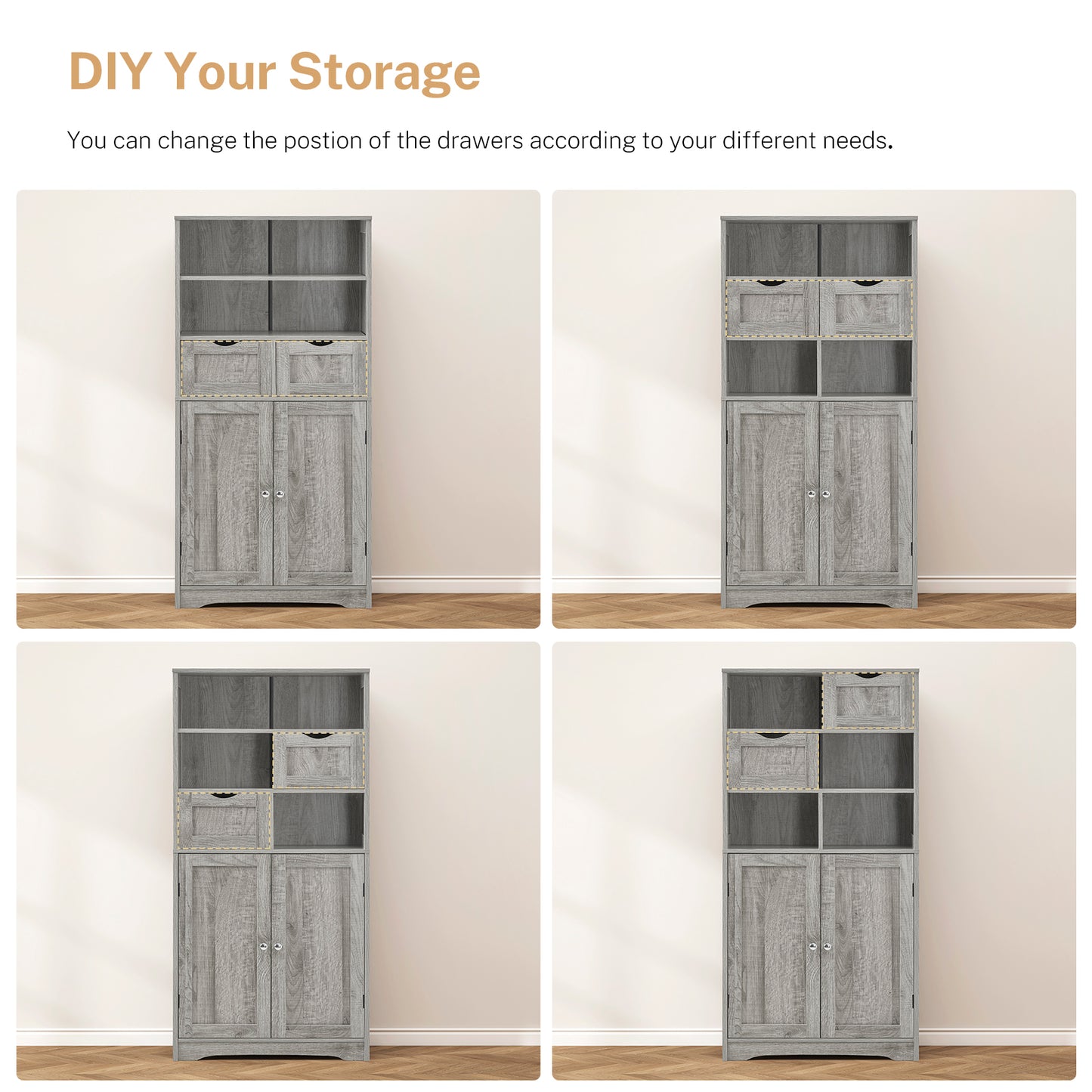 TEENFON Tall Storage Cabinet with Adjustable Shelves & Doors, Bathroom Cabinet, Cupboard for Living Room, Dining Room, Entryway, Grey