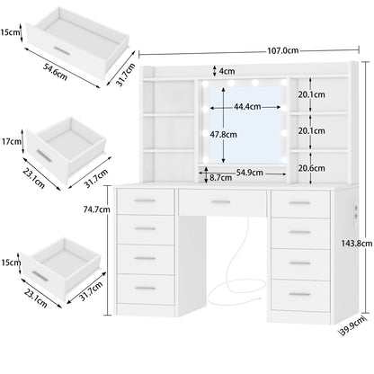 TEENFON Large Makeup Vanity with Mirror, 3 Color LED Lights and Adjustable Brightness, Makeup Table with Plugs, Drawers, Open Shelves, White, 9 Drawers and 6 Open Shelves