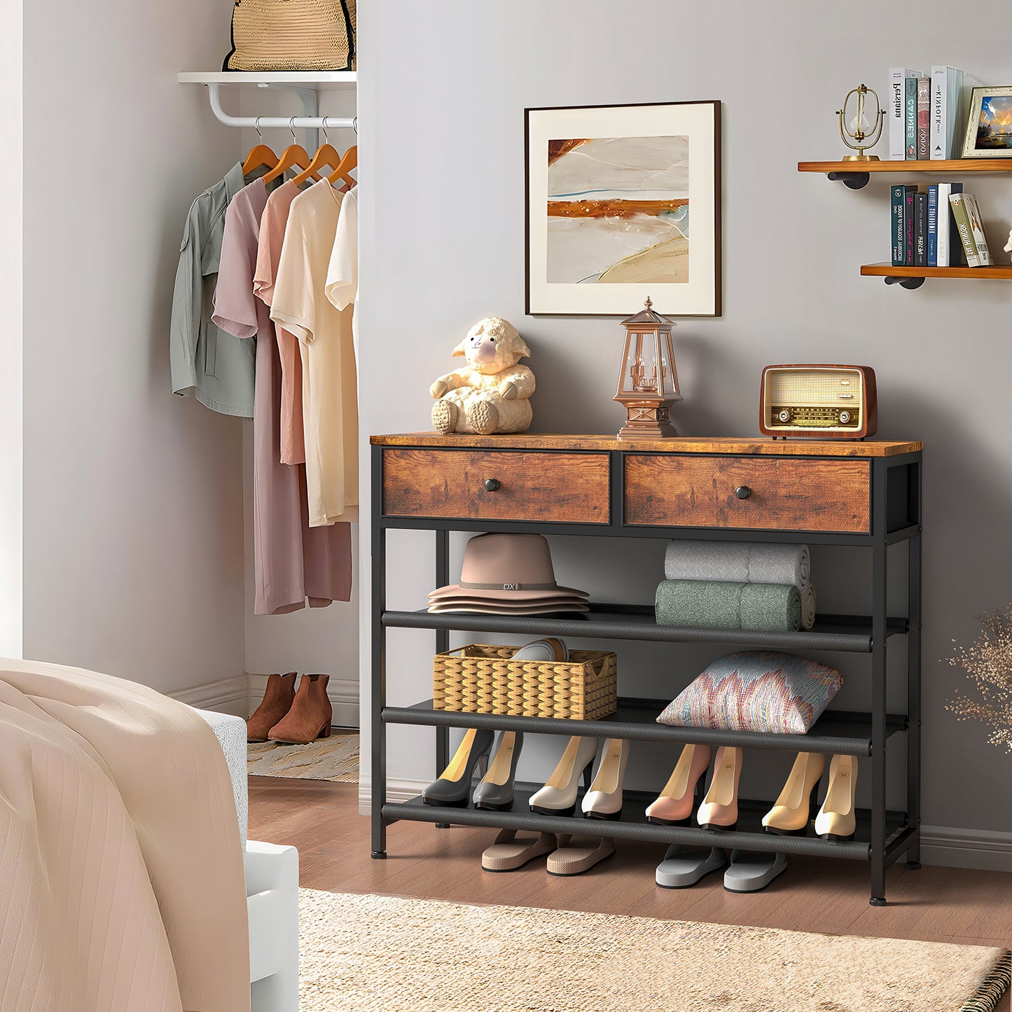 usikey Shoe Rack, 5 Tier Shoe Storage Organizer with 2 Drawers, Metal Shoe Shelf for 16-20 Pairs of Shoes, with 4 Oxford Fabric Shelves and Wooden Top, Shoe Stand for Closet Entryway, Rustic Brown