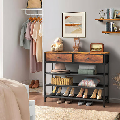 usikey Shoe Rack, 5 Tier Shoe Storage Organizer with 2 Drawers, Metal Shoe Shelf for 16-20 Pairs of Shoes, with 4 Oxford Fabric Shelves and Wooden Top, Shoe Stand for Closet Entryway, Rustic Brown