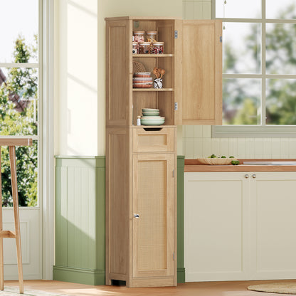 Iwell Tall Bathroom Cabinet, Slim Narrow Storage Cabinet with Adjustable Shelves, Rattan Cabinets with 1 Drawer, for Bathroom, Living Room, Entryway, Kitchen, Nature