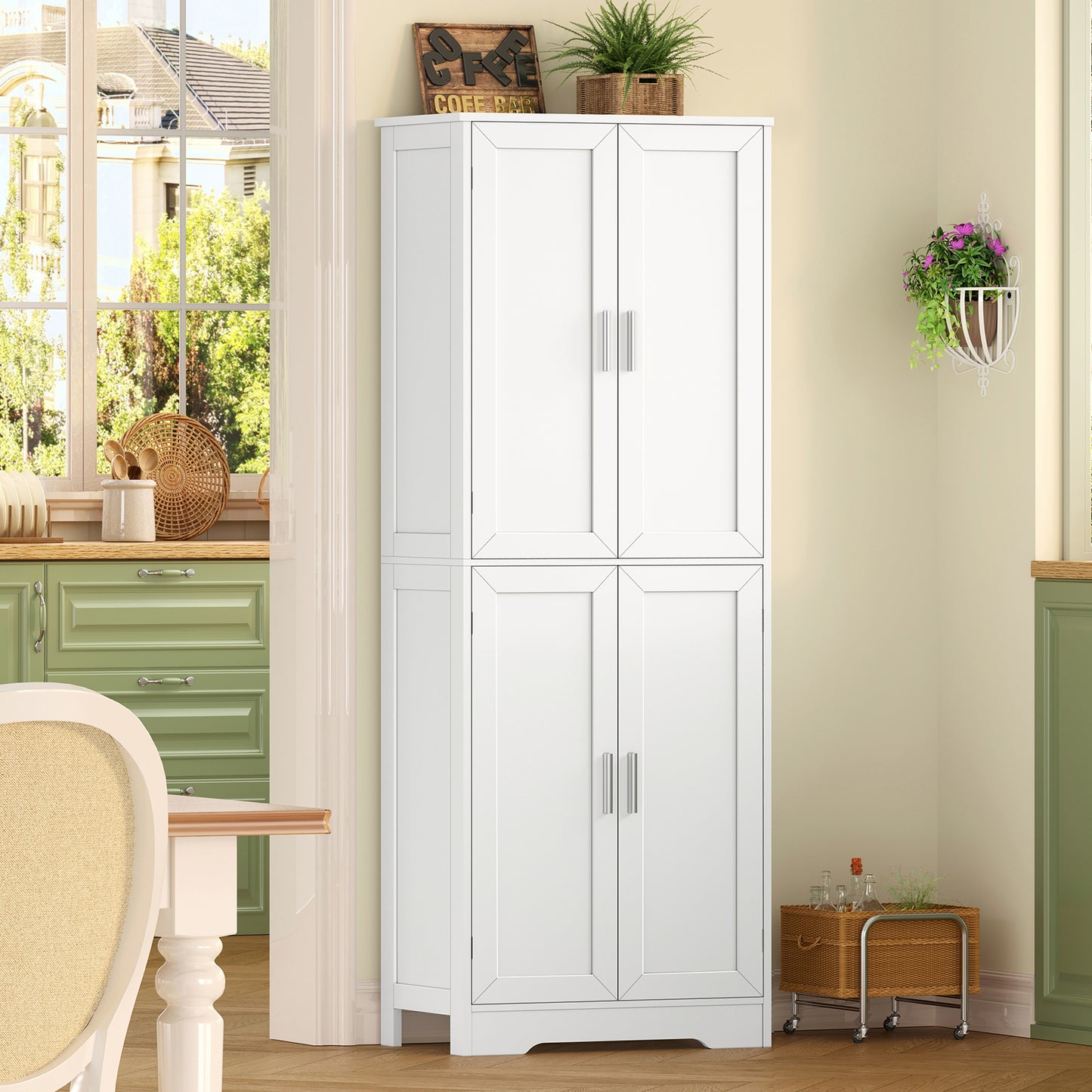TEENFON 67” Storage Cabinet, Kitchen Pantry Cabinet with 4 Doors and 2 Adjustable Shelves, Cupboard, Tall Bathroom Cabinets for Dining Room, Living Room, White