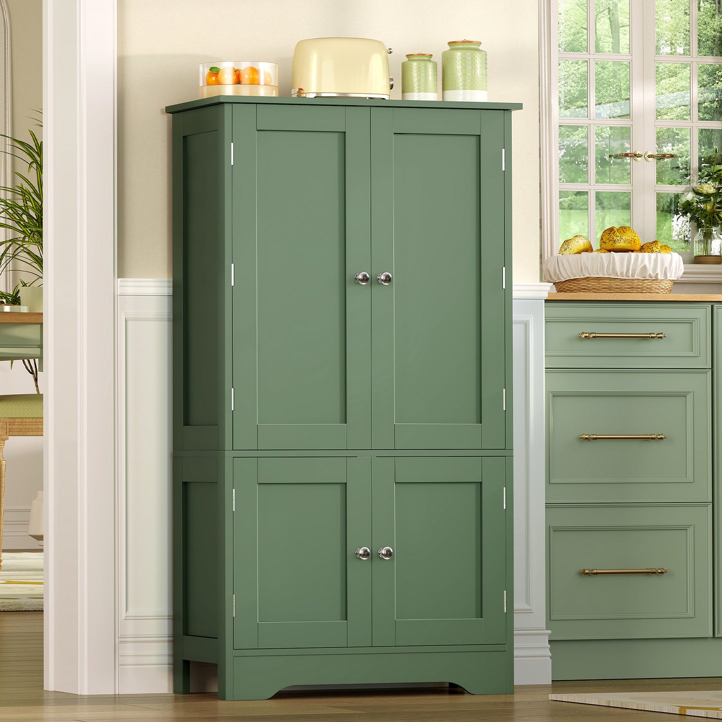 TEENFON 43" H Storage Cabinet with 4 Doors, Kitchen Cabinet with 6 Door Shelves, Kitchen Pantry Cabinets for Living Room, Dining Room, Bathroom, Forest Green