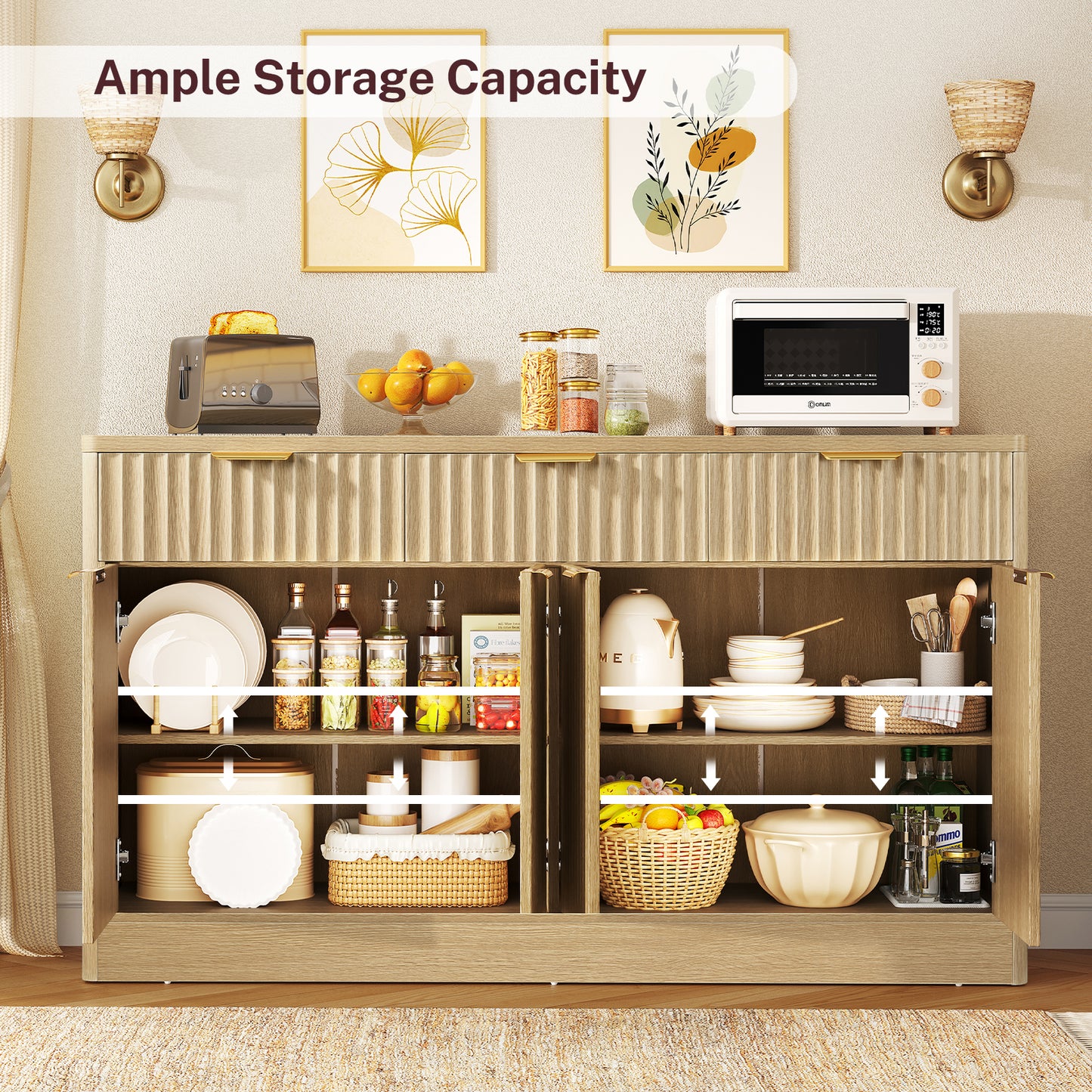 TEENEON Large Fluted Buffet Cabinet with 3 Drawers & 4 Doors, Sideboard Cabinet with 2 Adjustable Shelves, Coffee Bar Storage Cabinet for Kitchen, Living Room, Natural